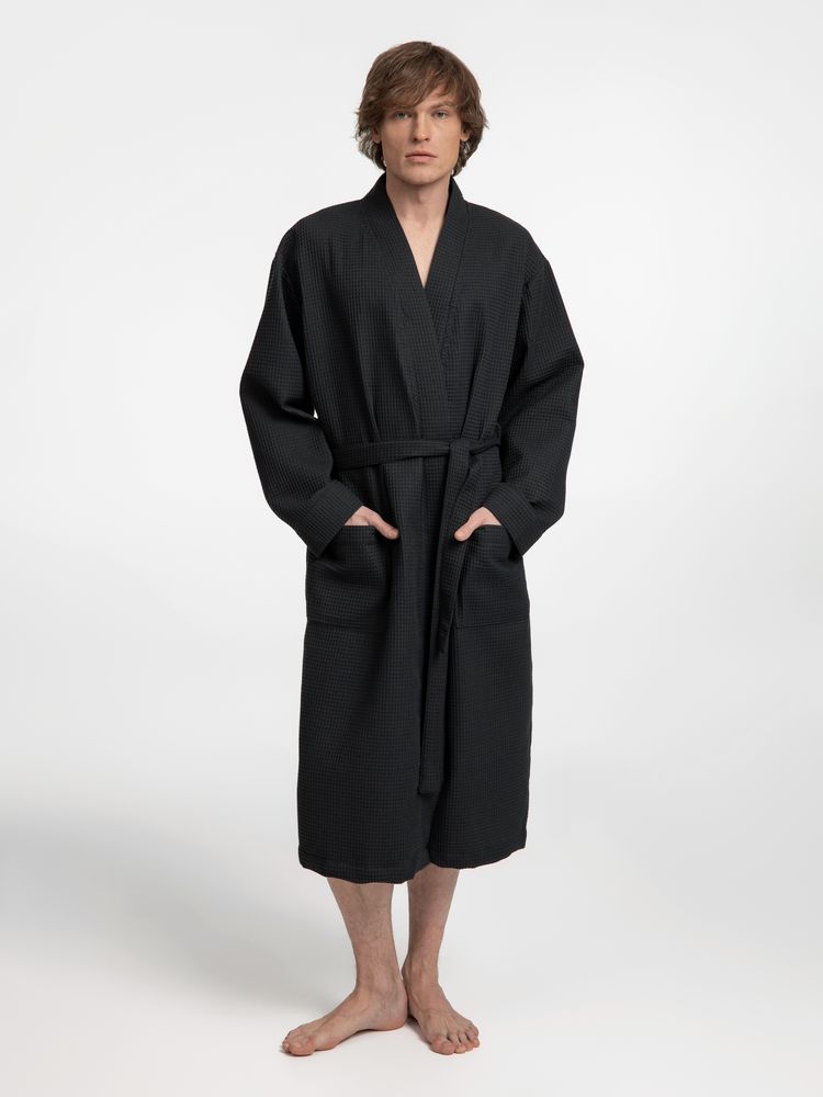 Халат вафельный Kimono, черный фото 7