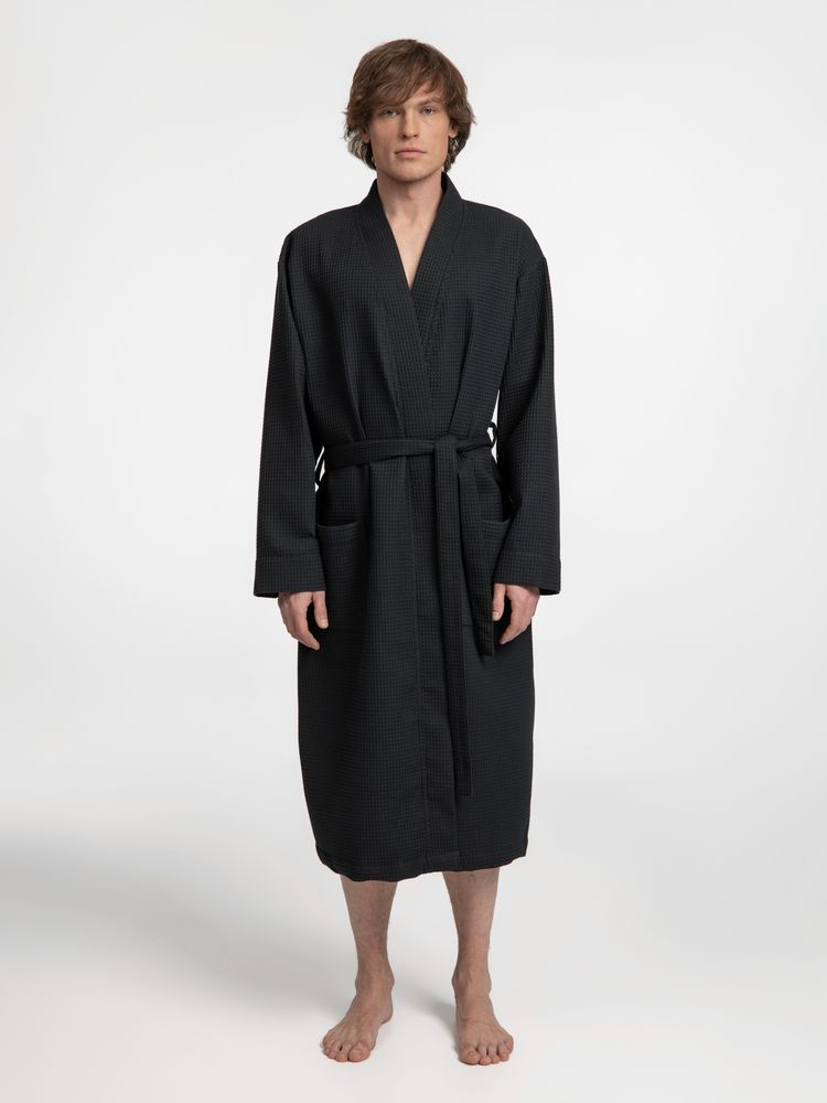 Халат вафельный Kimono, черный фото 8